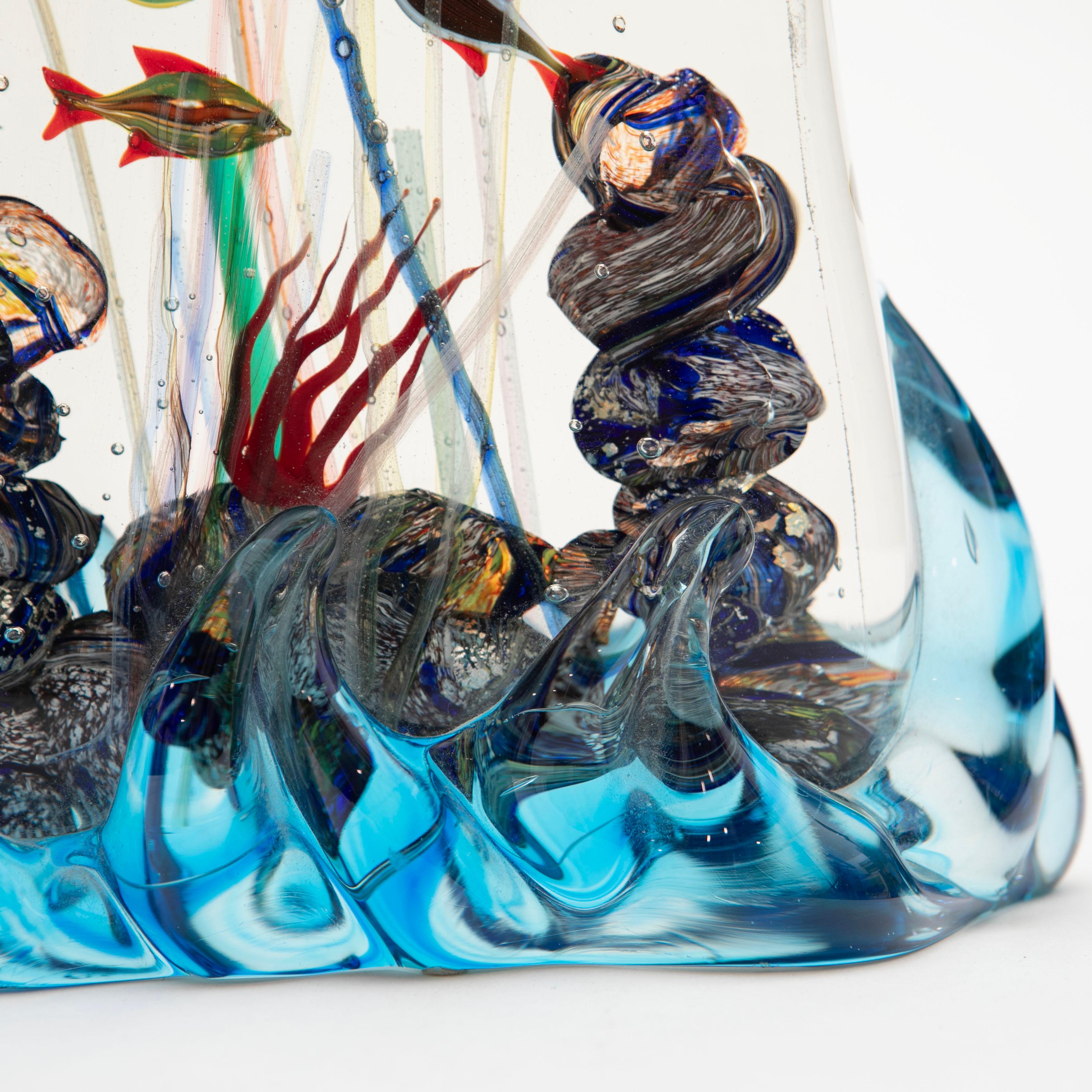 Murano Glass Aquarium/Reef with 3 Fish - Blue Waves, Signed, 1950s For Sale 2