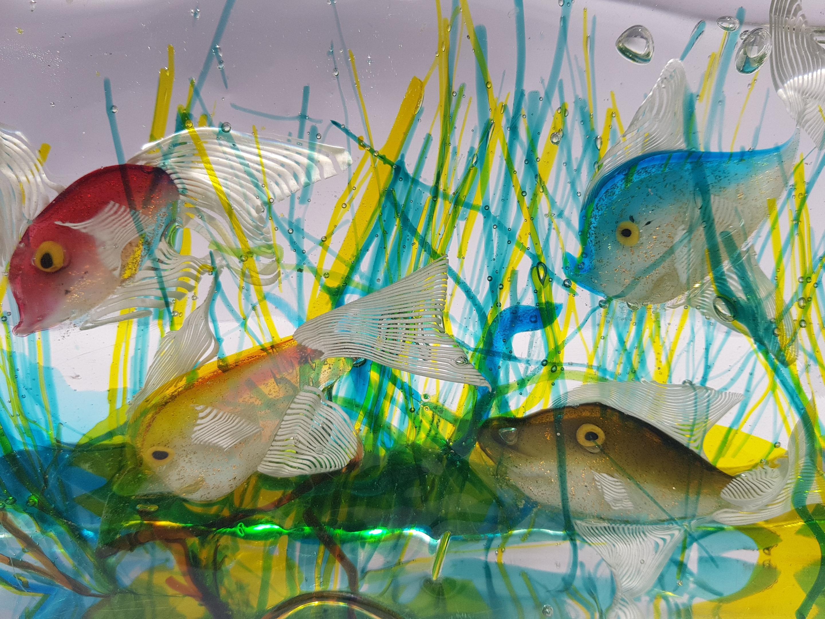 Murano Glass Aquarium Sculpture Block Alfredo Barbini Cenedese Art Glass Fish For Sale 2