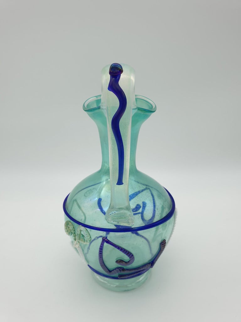 Murano Glass Art Jug, Green Color with Blue and White Decorations by Cenedese For Sale at 1stDibs