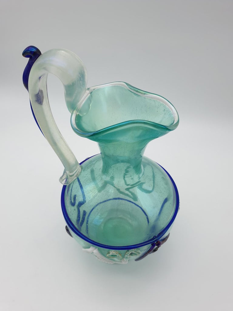Murano Glass Art Jug, Green Color with Blue and White Decorations by Cenedese For Sale at 1stDibs