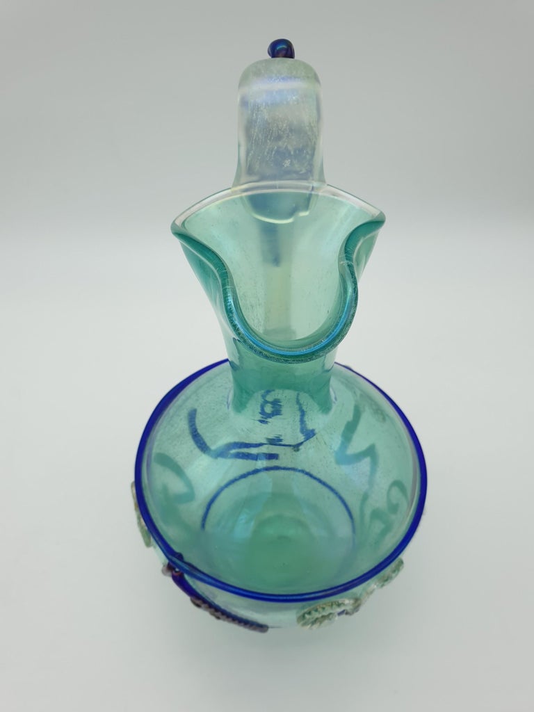 Murano Glass Art Jug, Green Color with Blue and White Decorations by Cenedese For Sale at 1stDibs