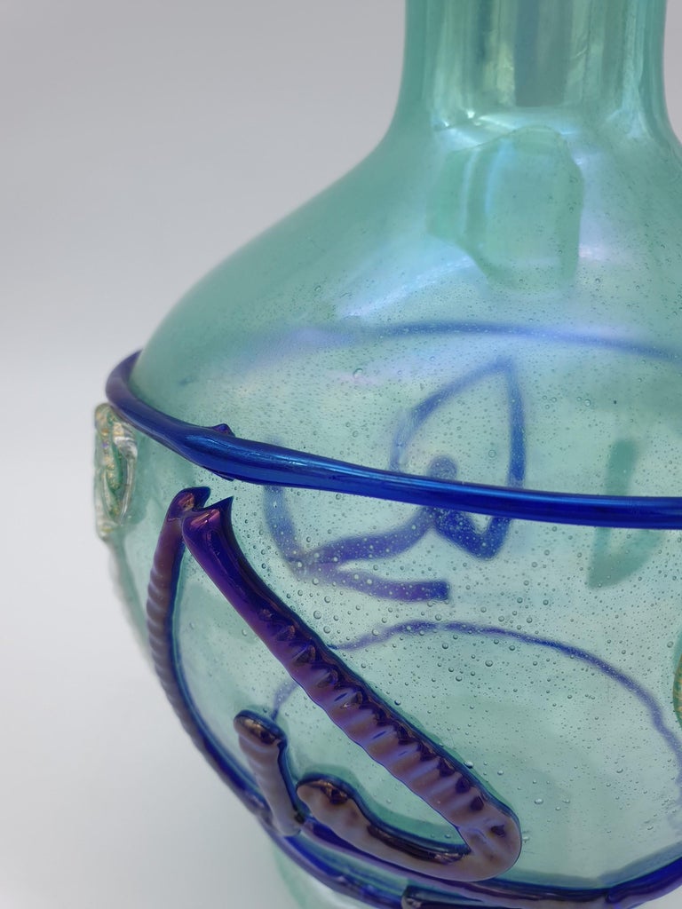 Murano Glass Art Jug, Green Color with Blue and White Decorations by Cenedese For Sale at 1stDibs