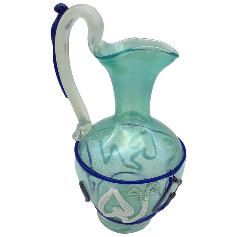 Murano Glass Art Jug, Green Color with Blue and White Decorations by Cenedese For Sale at 1stDibs