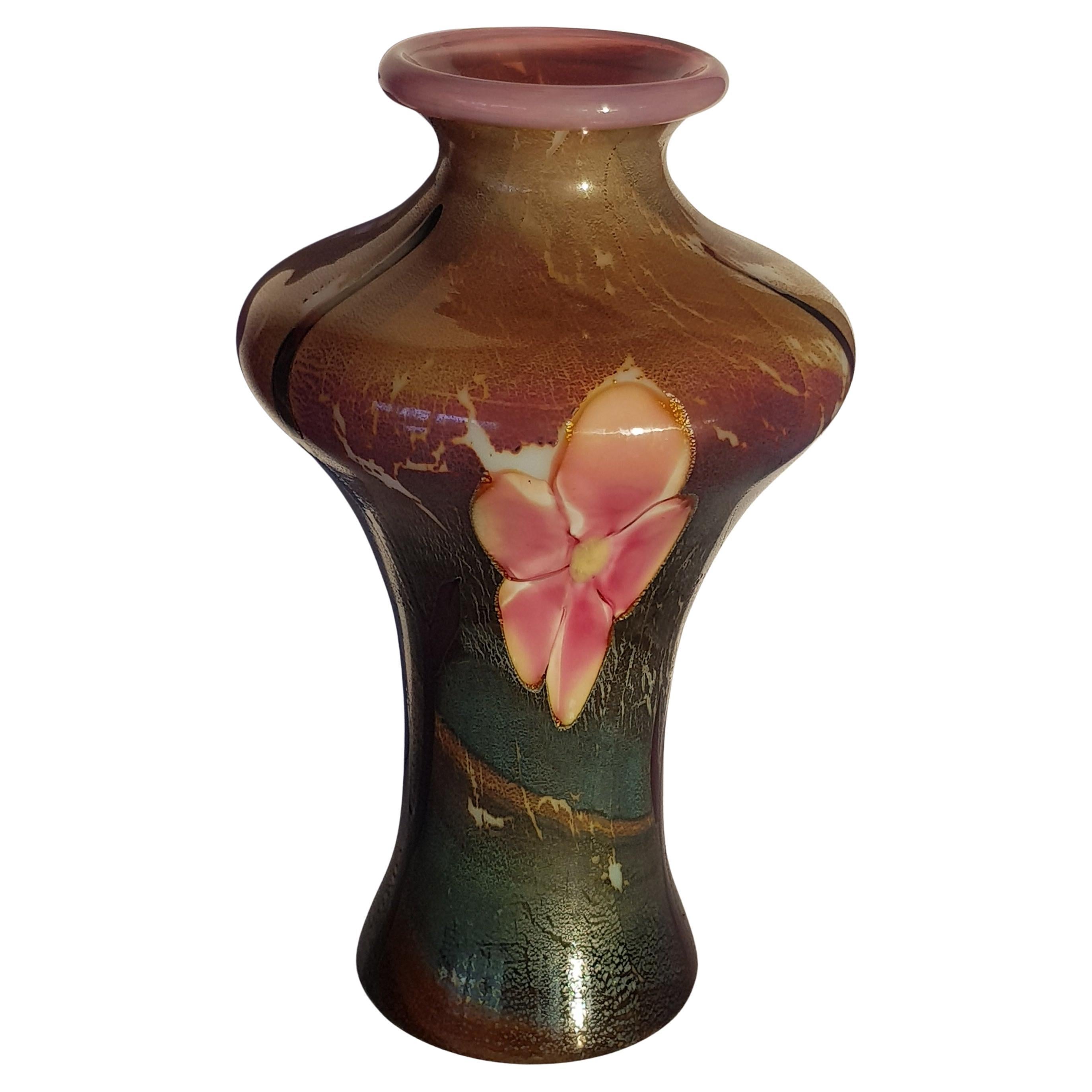 Murano Glass Art Vase Cenedese Nason Pink Flowers Opalescent Chalcedony Italian