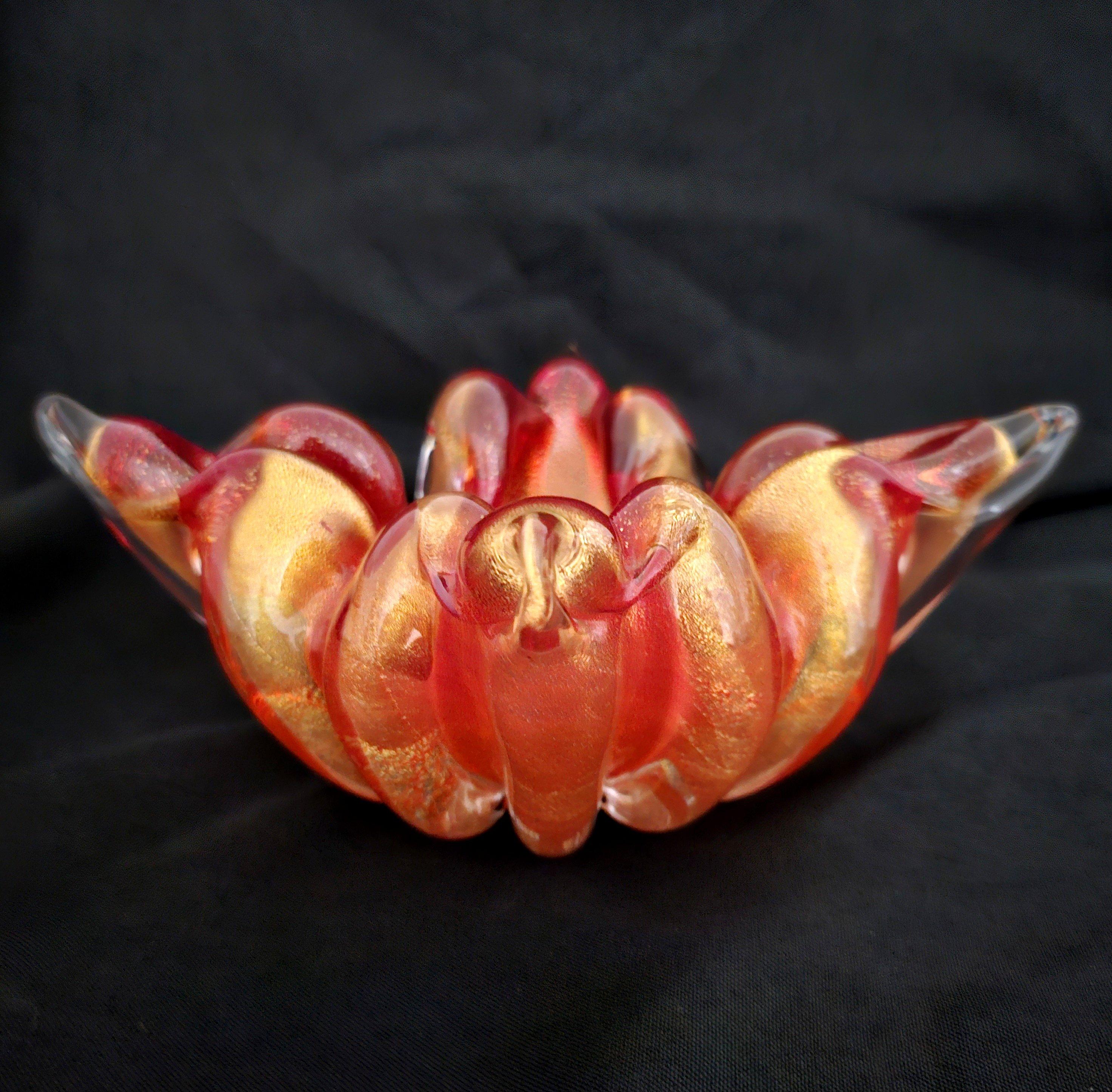 20th Century Murano Glass Ashtray, Red w/Gold Polveri / Gold Leaf, Barovier & Toso (assumed) For Sale