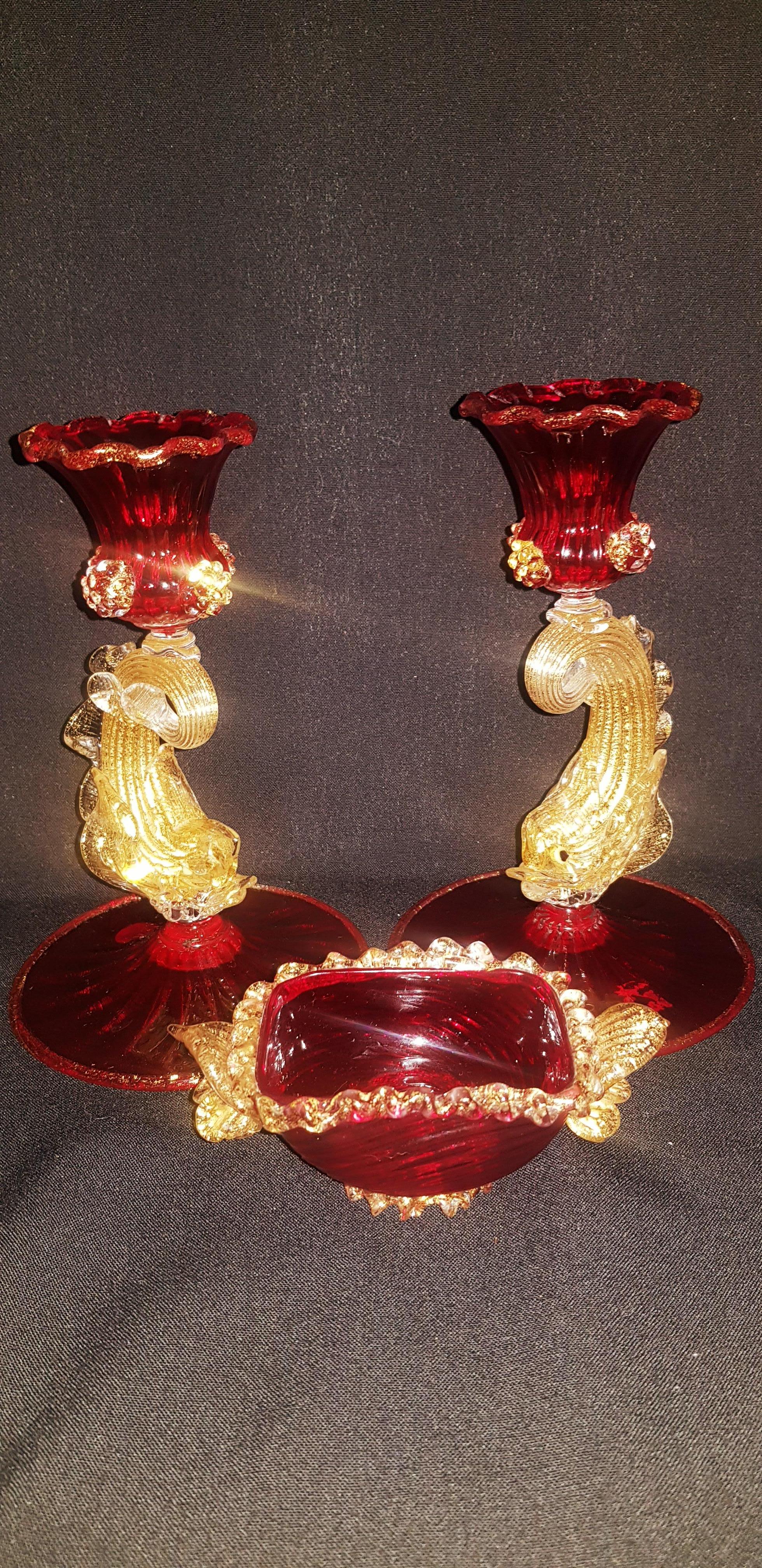 Vitange murano glass set, two candle stick red and gold leaf and bowl with gold leaf, labelled Barovier and Toso, brilliant condition.