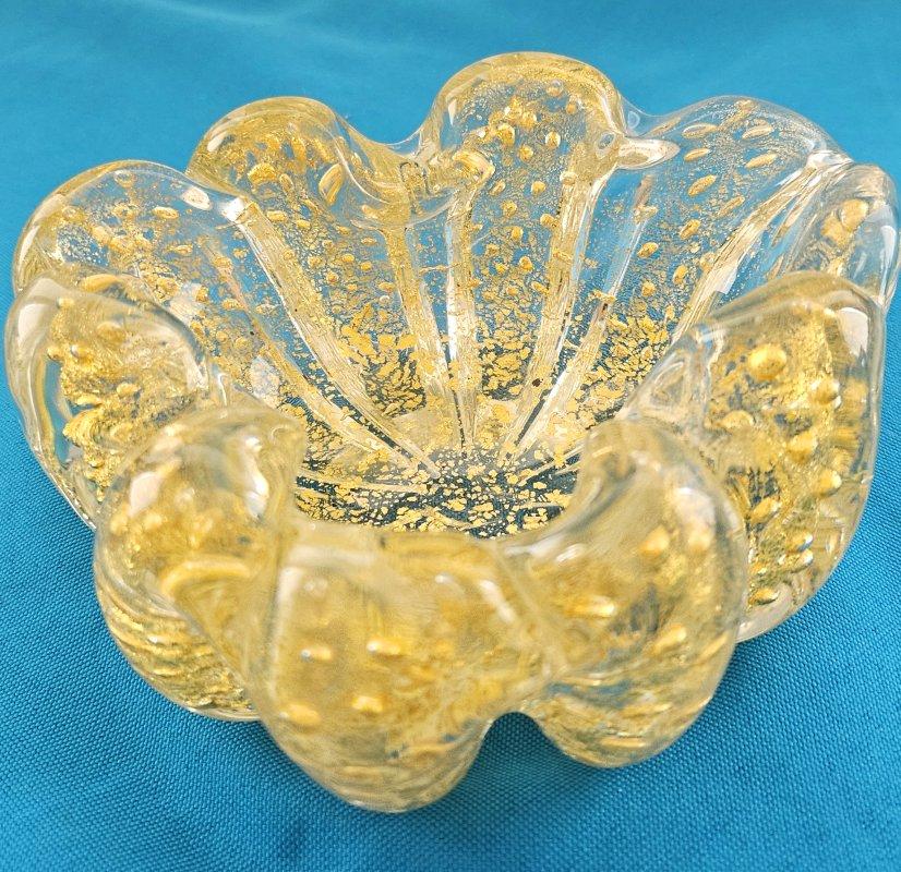Murano Glass Rigaree Bullicante Bowl with Gold Polveri - Barovier & Toso For Sale 3