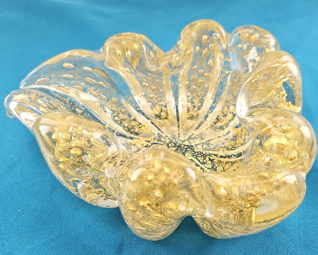Murano Glass Rigaree Bullicante Bowl with Gold Polveri - Barovier & Toso For Sale 4