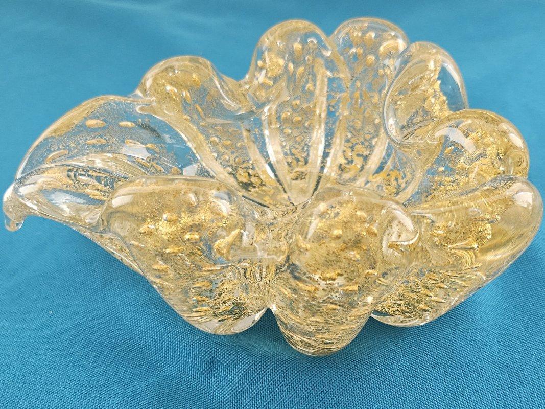 Mid-Century Modern Murano Glass Rigaree Bullicante Bowl with Gold Polveri - Barovier & Toso For Sale