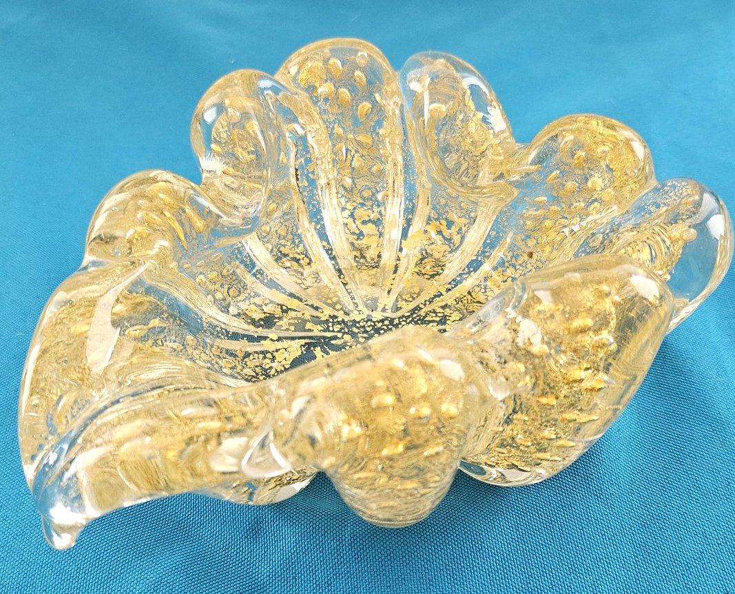Italian Murano Glass Rigaree Bullicante Bowl with Gold Polveri - Barovier & Toso For Sale