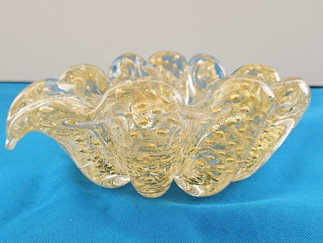 Other Murano Glass Rigaree Bullicante Bowl with Gold Polveri - Barovier & Toso For Sale