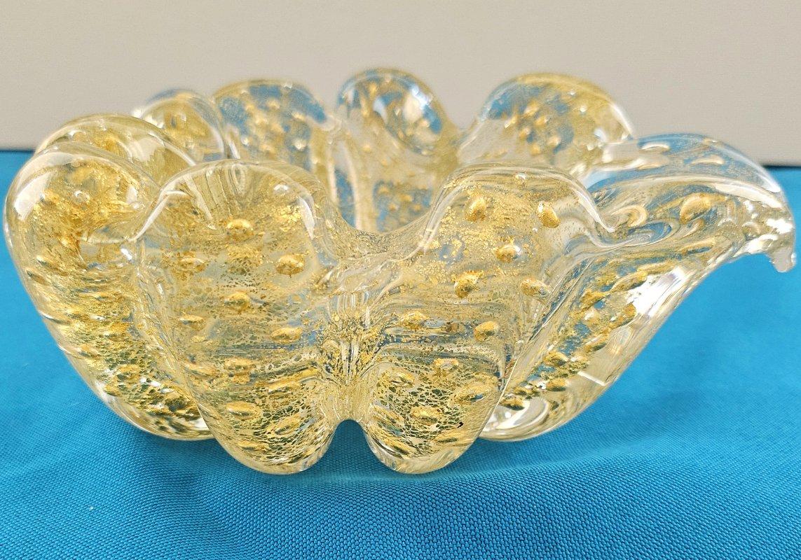 Murano Glass Rigaree Bullicante Bowl with Gold Polveri - Barovier & Toso In Good Condition For Sale In Warrenton, OR