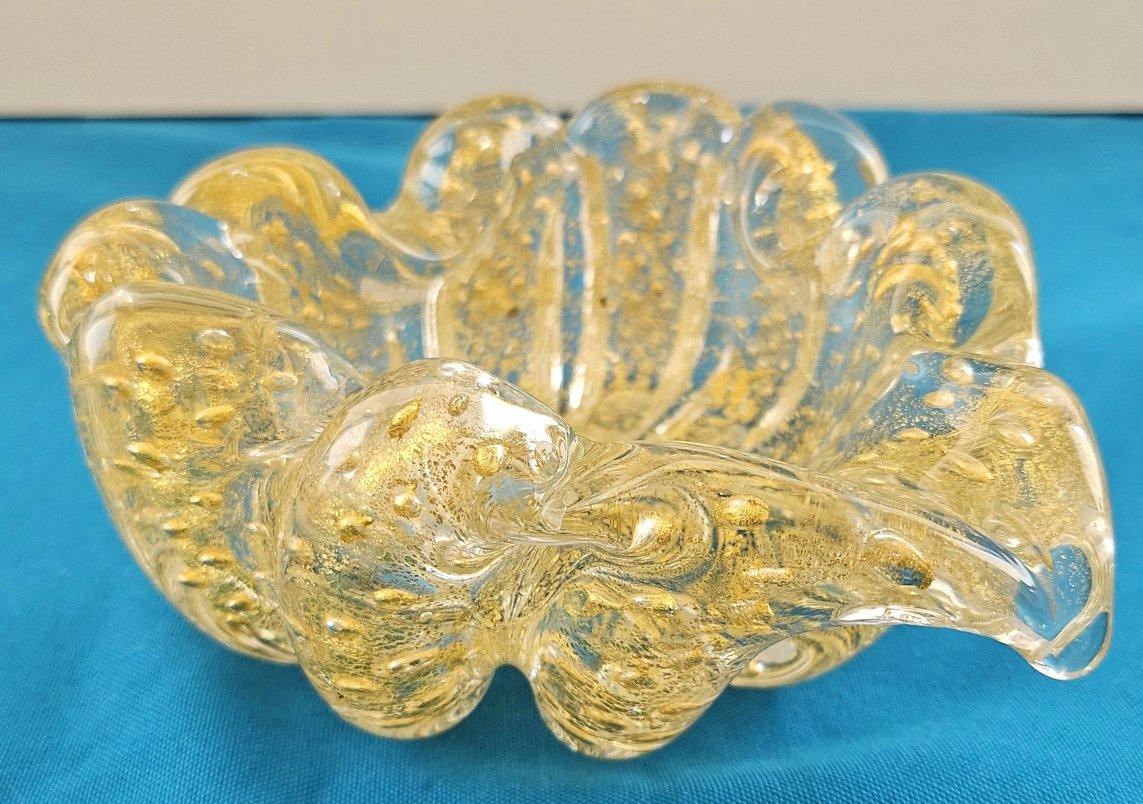 20th Century Murano Glass Rigaree Bullicante Bowl with Gold Polveri - Barovier & Toso For Sale