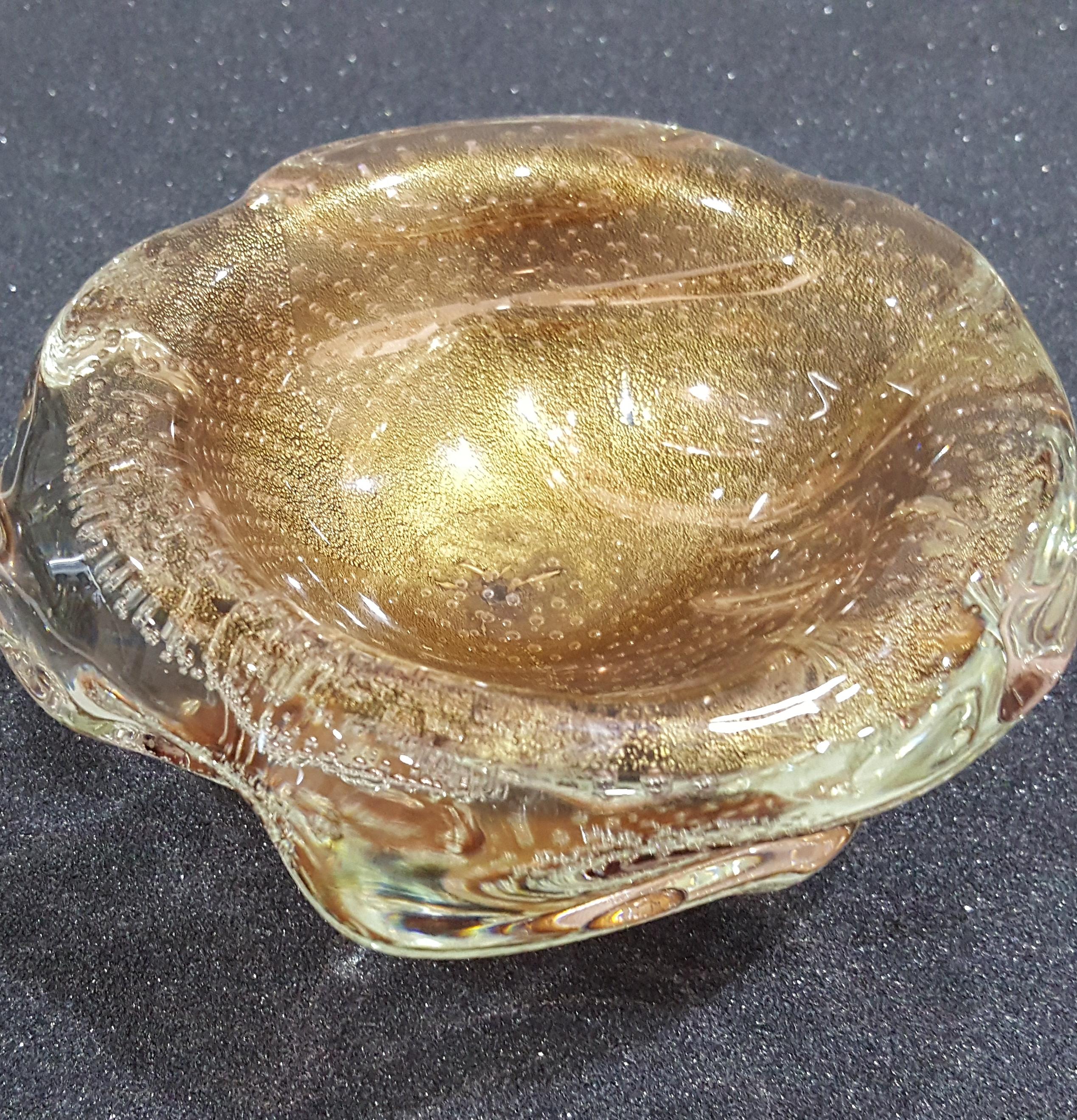 Mid-Century Modern Murano Glass Archimede SEGUSO Gold Polveri & Bullicante Sculptural/A Bugne Bowl