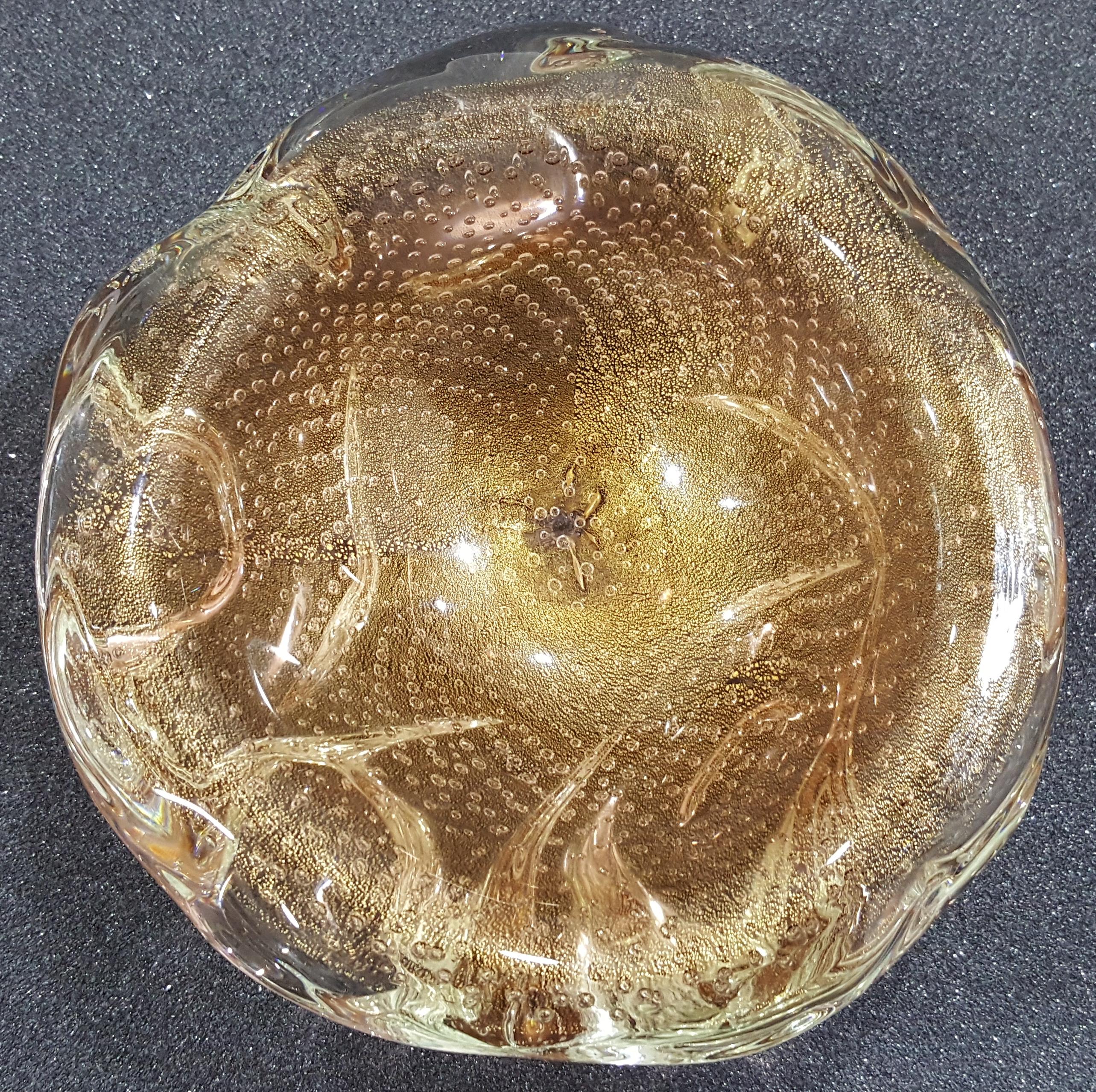 Italian Murano Glass Archimede SEGUSO Gold Polveri & Bullicante Sculptural/A Bugne Bowl