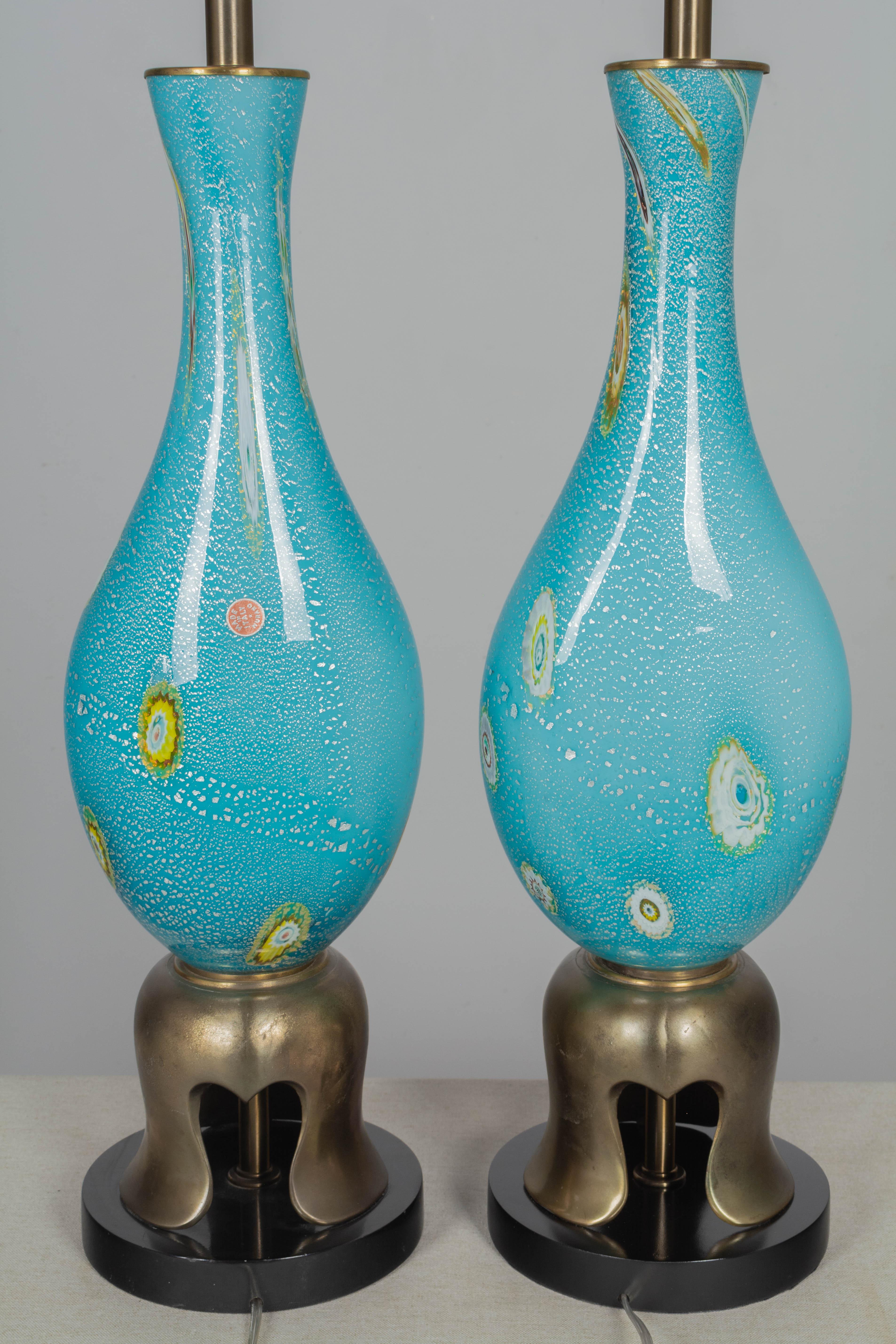 Painted Murano Glass Barovier & Toso Lamp Pair For Sale