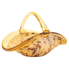 Murano Glass Basket Bowl, Amber and Ivory, Hand-Crafted, Italy, 1960