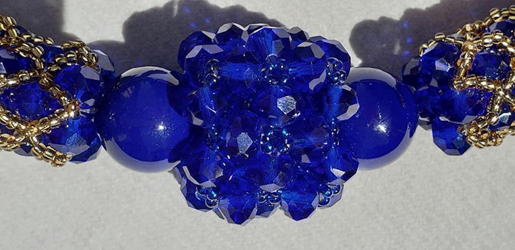 Collier de mode en perles de verre de Murano bleu et or en vente 2