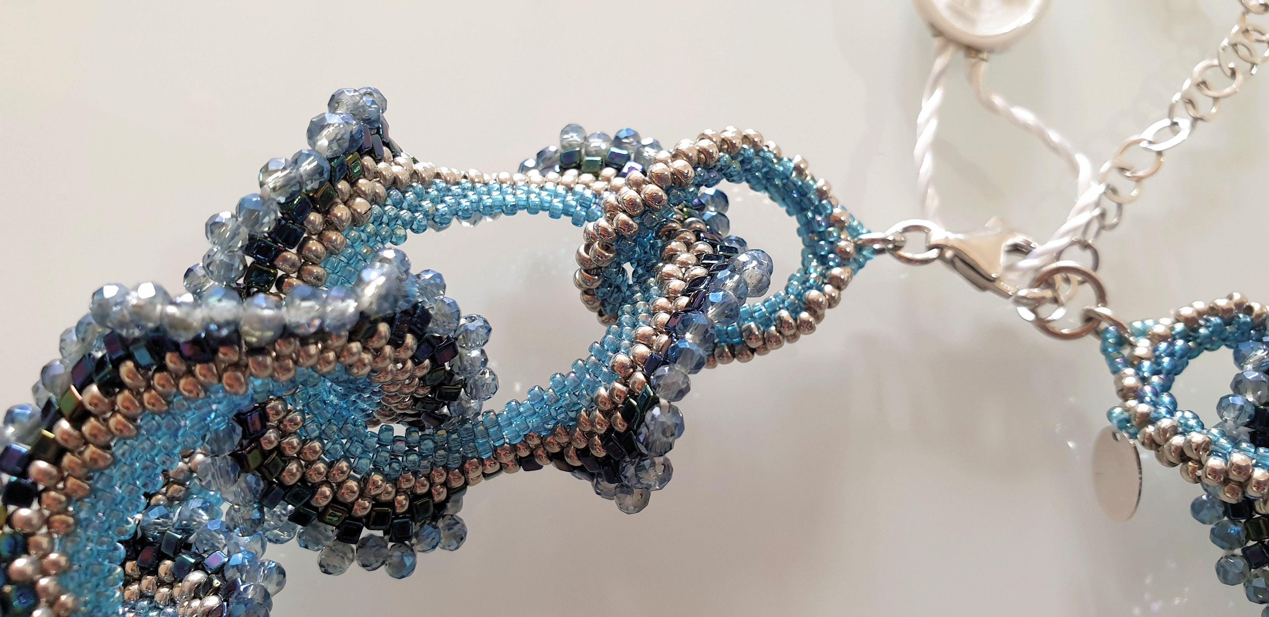 Murano Glass Beads Blue & Silver Fashion Necklace  In New Condition For Sale In Dallas, TX