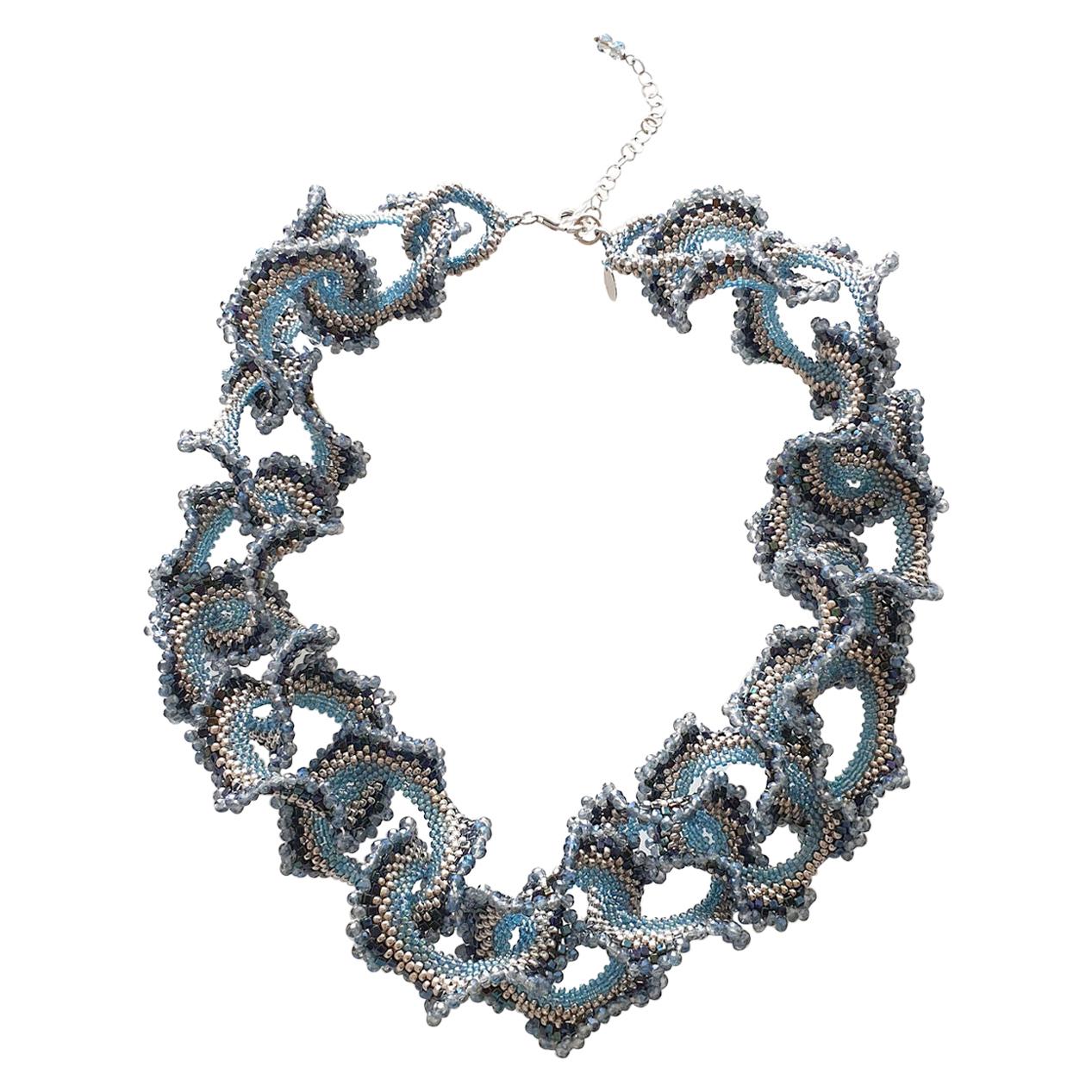Mode-Halskette aus Muranoglas mit blauen und silbernen Perlen  im Angebot