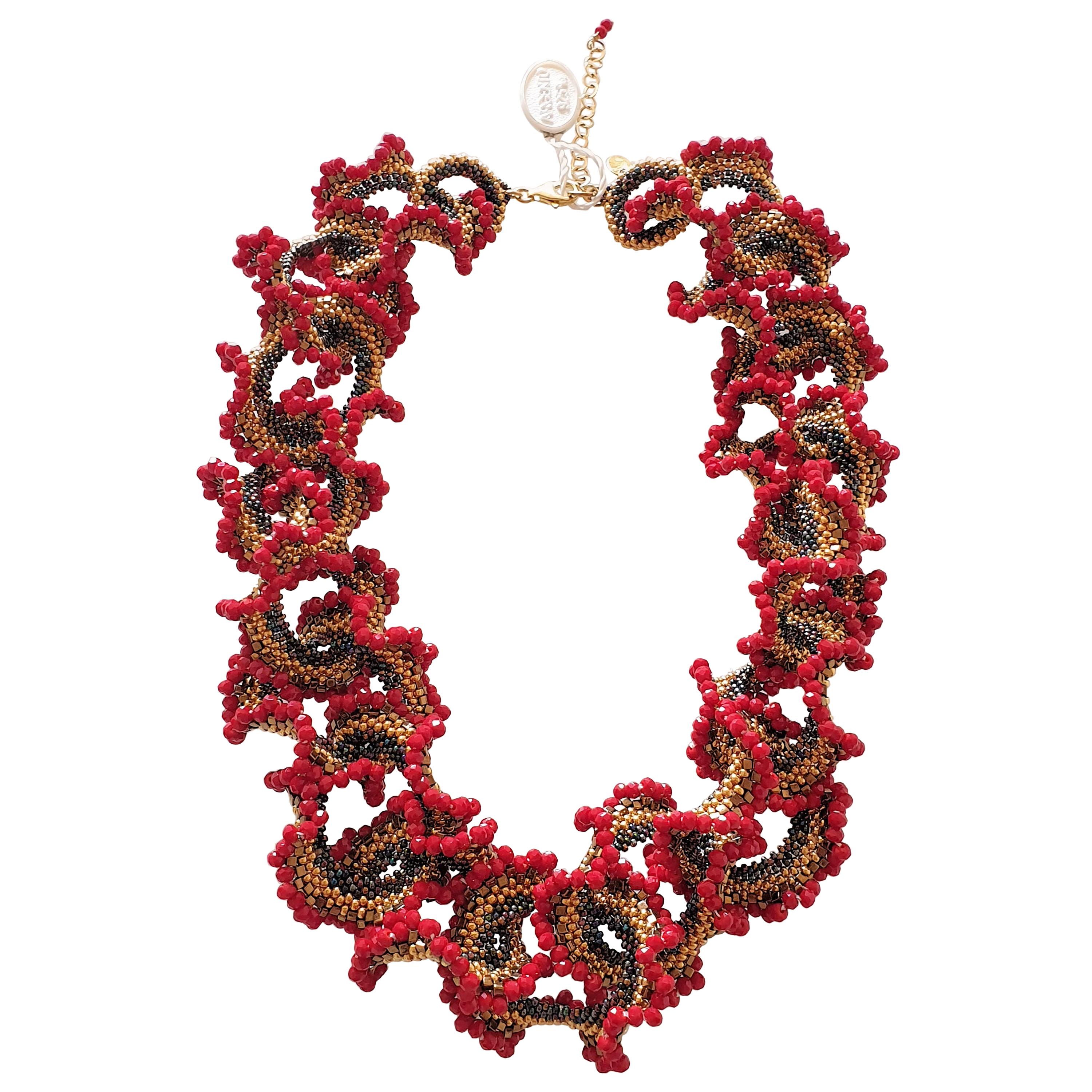 Murano glass beads hand made red & gold fashion neklace by artist Paola B.