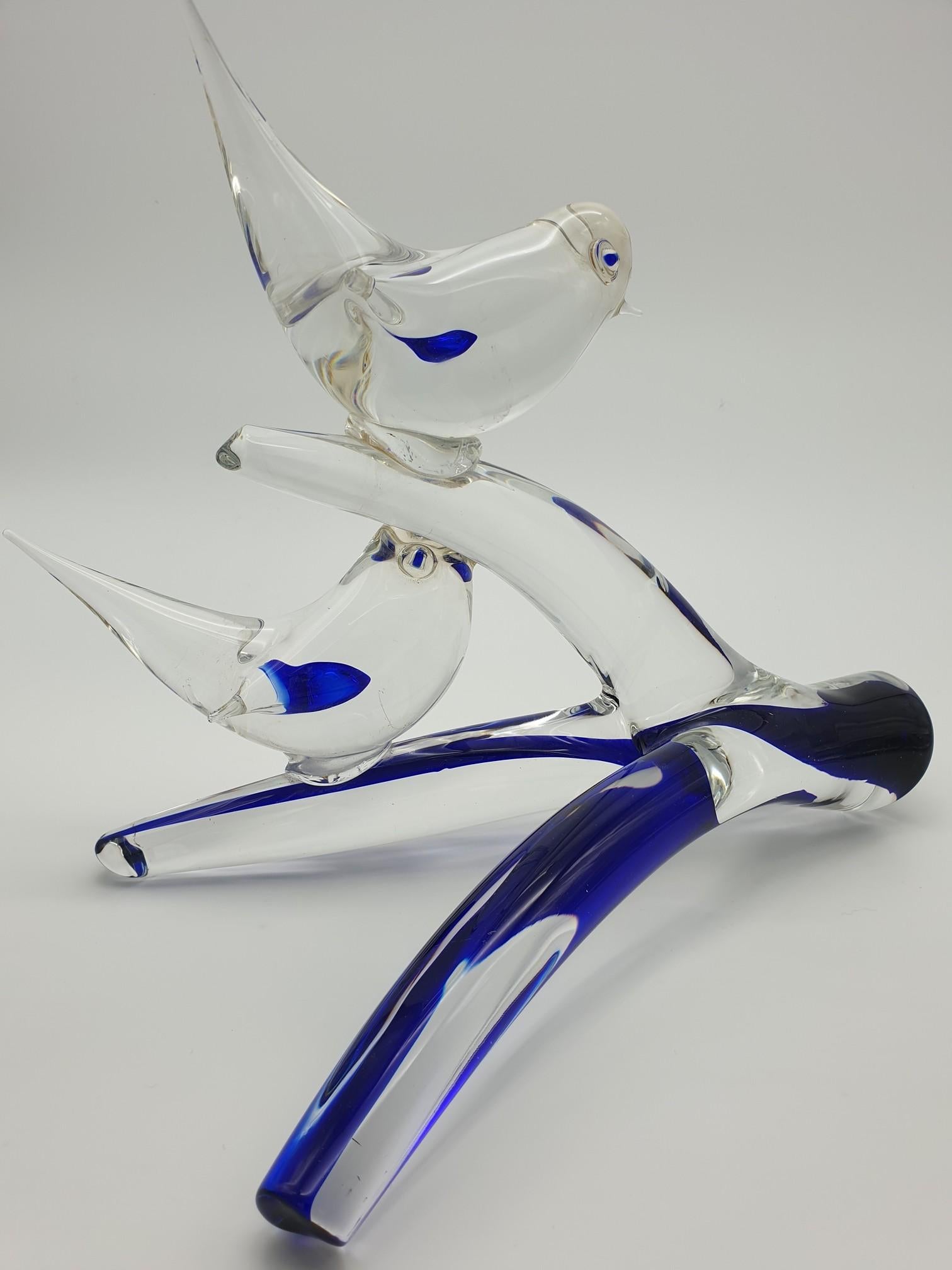 Murano Glass Birds on Branch in Clear & Blue Color by Da Ros for Cenedese, 1970s For Sale 3