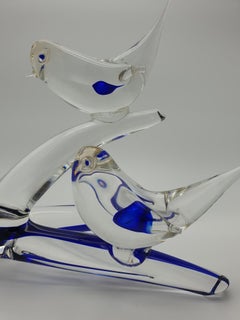 Murano Glass Birds on Branch in Clear & Blue Color by Da Ros for Cenedese, 1970s