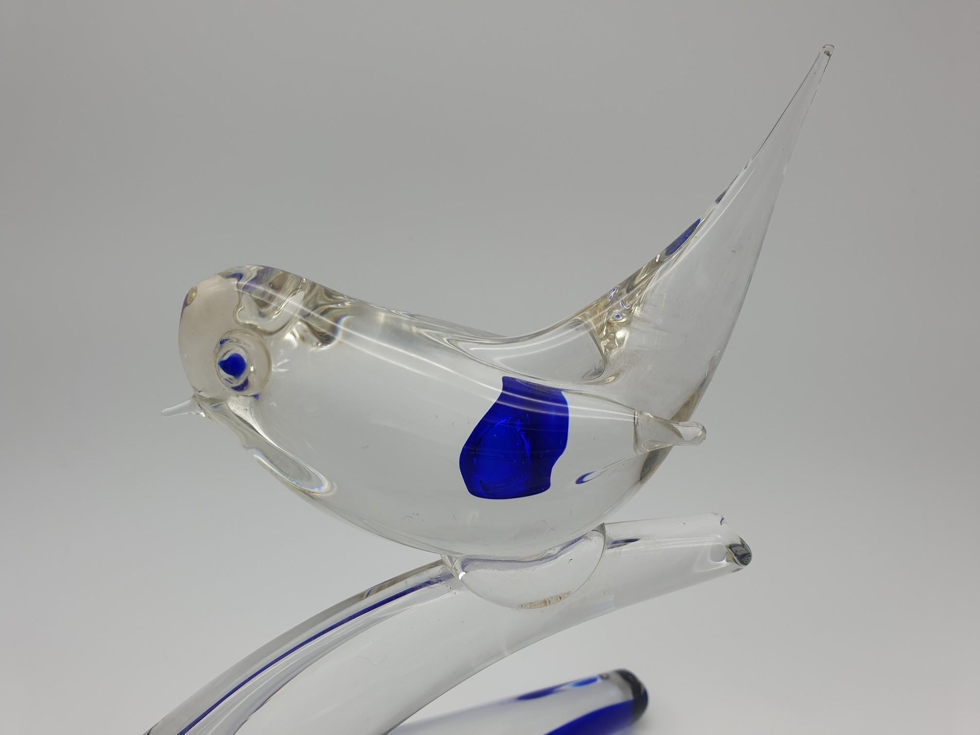 Italian Murano Glass Birds on Branch in Clear & Blue Color by Da Ros for Cenedese, 1970s For Sale