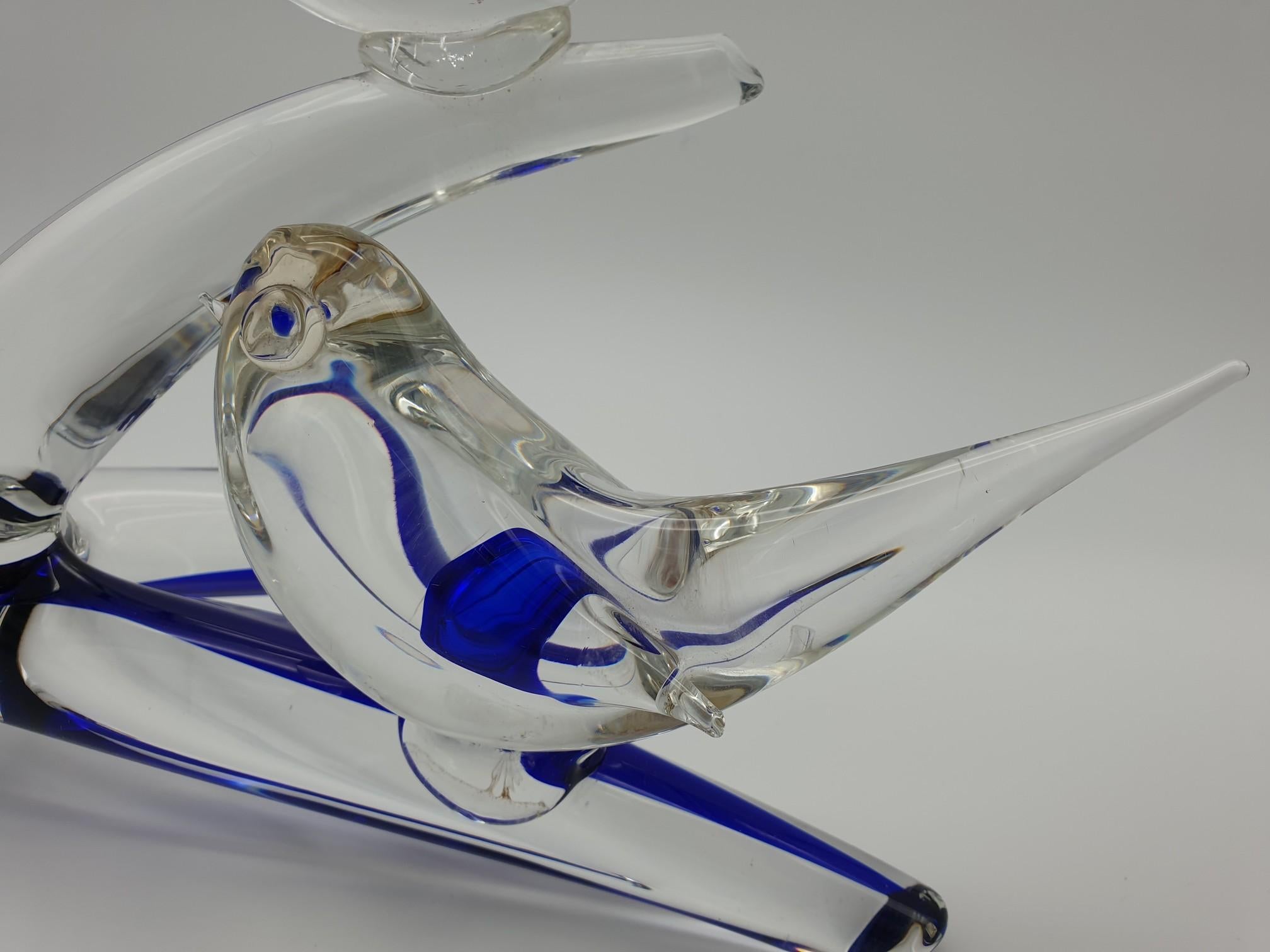 Hand-Crafted Murano Glass Birds on Branch in Clear & Blue Color by Da Ros for Cenedese, 1970s For Sale