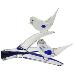 Murano Glass Birds on Branch in Clear & Blue Color by Da Ros for Cenedese, 1970s