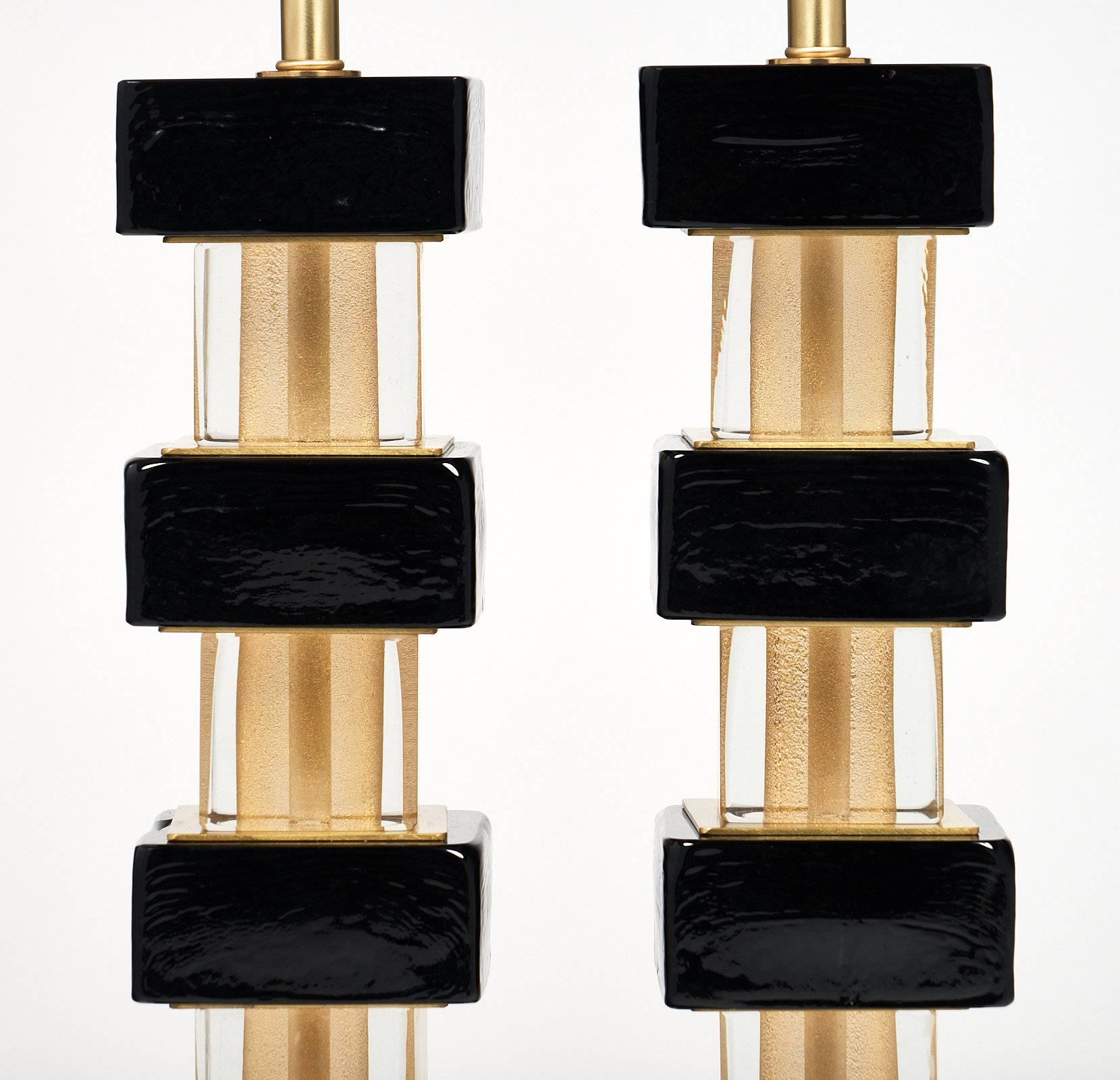 Mid-Century Modern Murano Glass Black and Gold Lamps For Sale