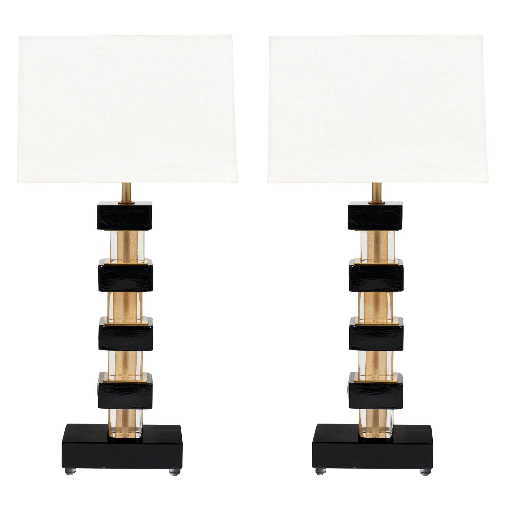 Murano Glass Black and Gold Lamps