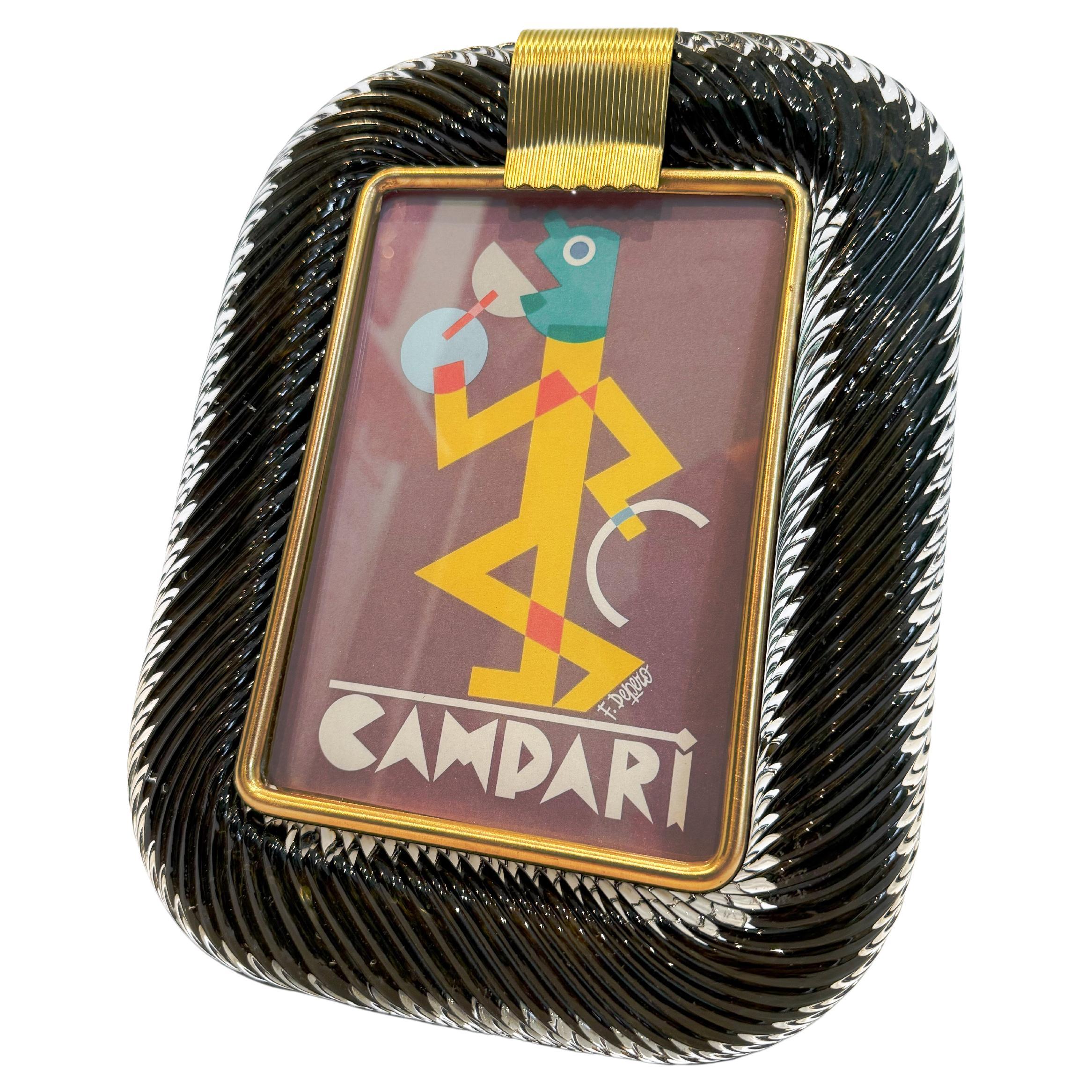 Murano Glass Black Picture Frame and Brass Details Italian