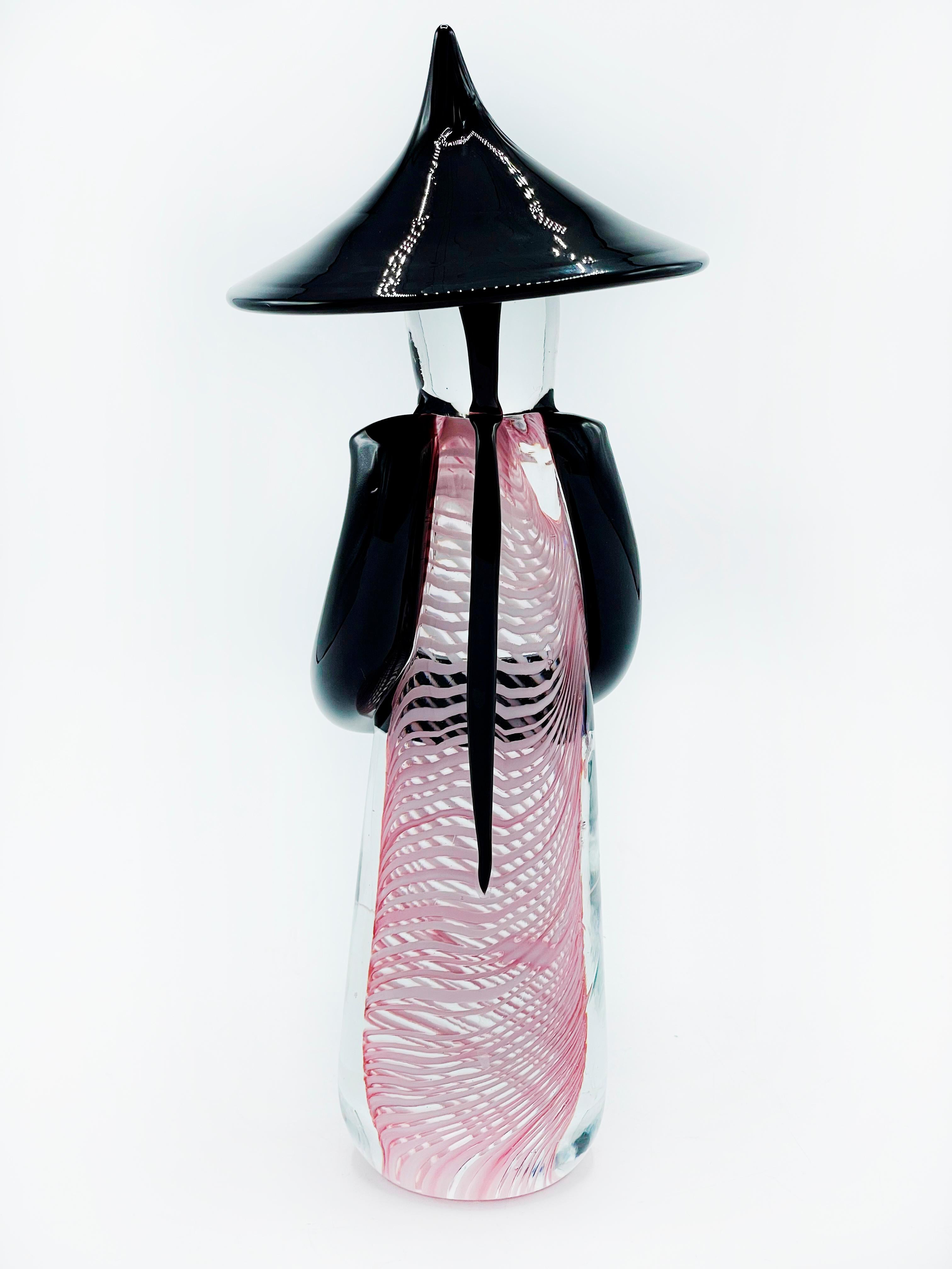 Mid-Century Modern Murano Glass Black Pink Latticino Swirl Ribbon Twist Vintage Chinese Figure Man For Sale
