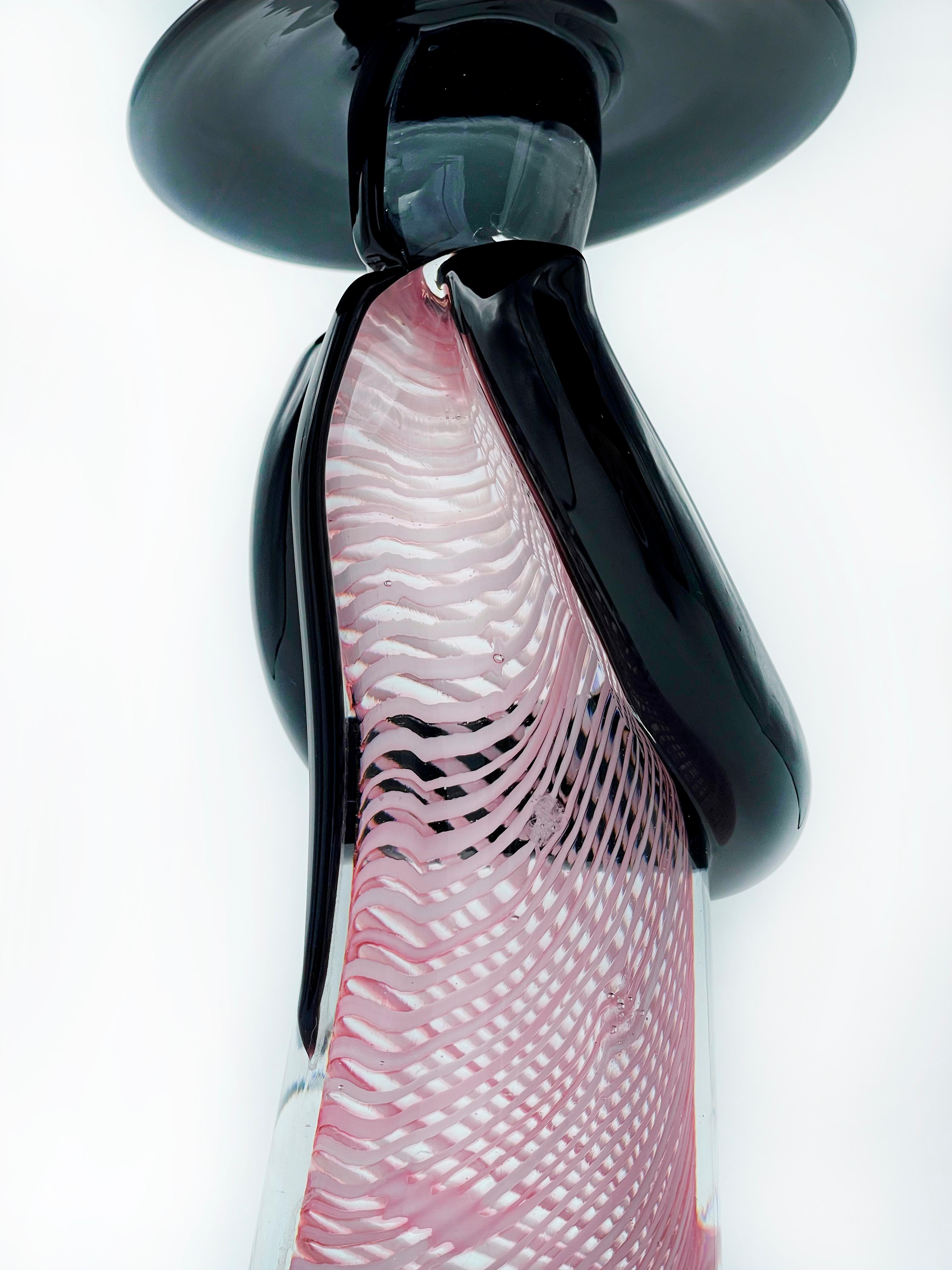 Mid-20th Century Murano Glass Black Pink Latticino Swirl Ribbon Twist Vintage Chinese Figure Man For Sale