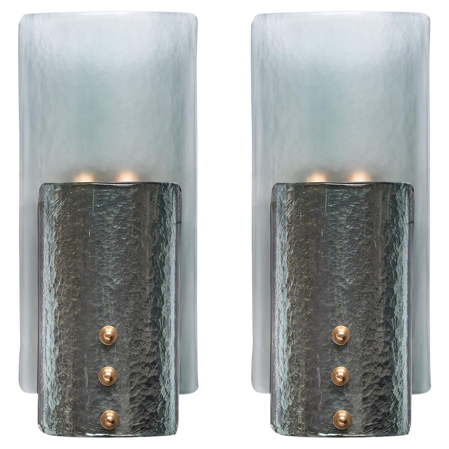 Murano Glass Sconces in Bleu Pétrole with Brass Accents, Italy