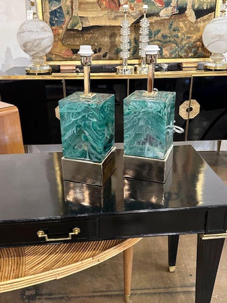 Pair of Murano green glass and brass block lamps. Circa 2000. Sure to make a statement!