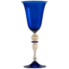 Vintage Murano Glass Blue and Gold Paste Wine Glass, Italy, circa 1970
