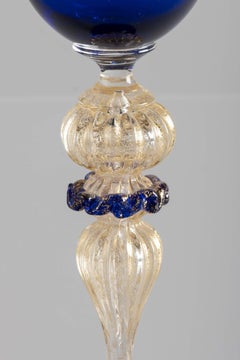 Murano Glass Blue and Gold Paste Wine Glass, Italy, circa 1970