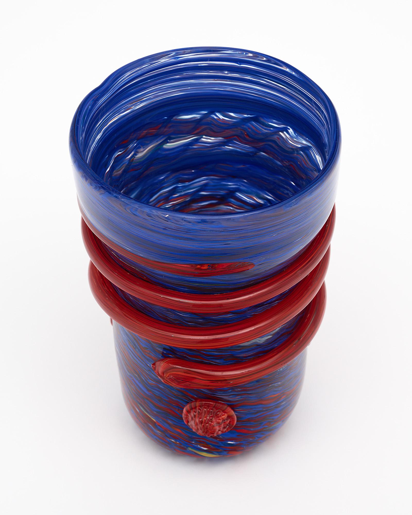 Mid-Century Modern Murano Glass Blue and Red Vase For Sale