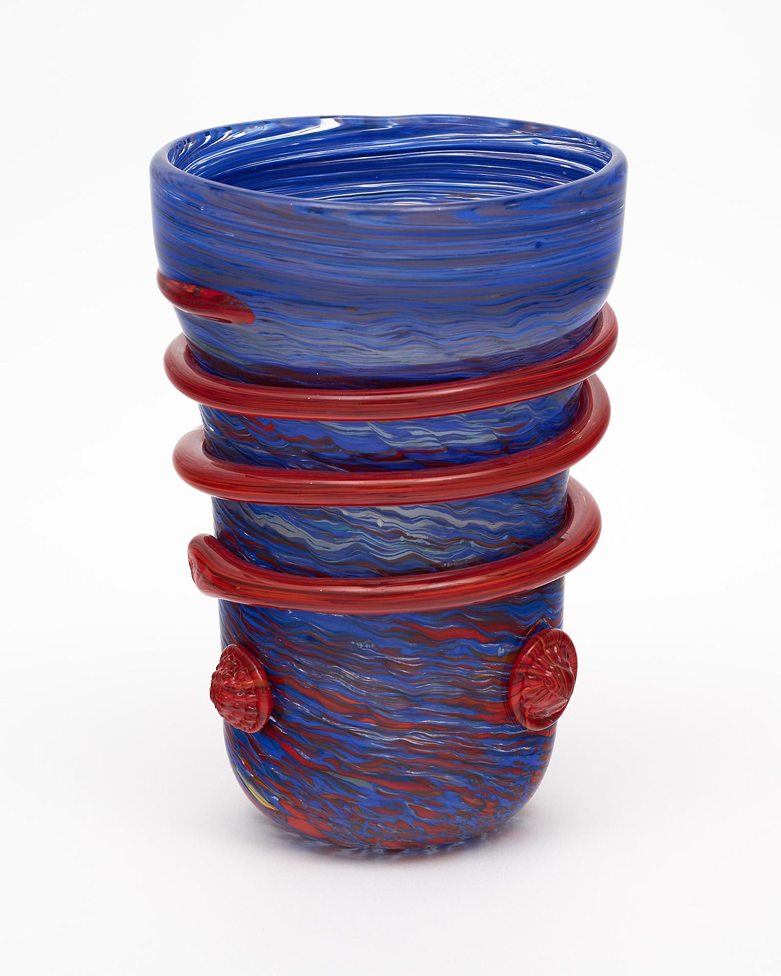 Murano Glass Blue and Red Vase In Good Condition For Sale In Austin, TX