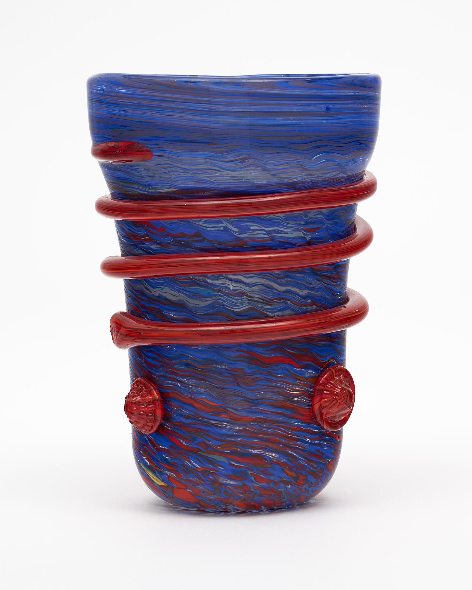 Contemporary Murano Glass Blue and Red Vase For Sale