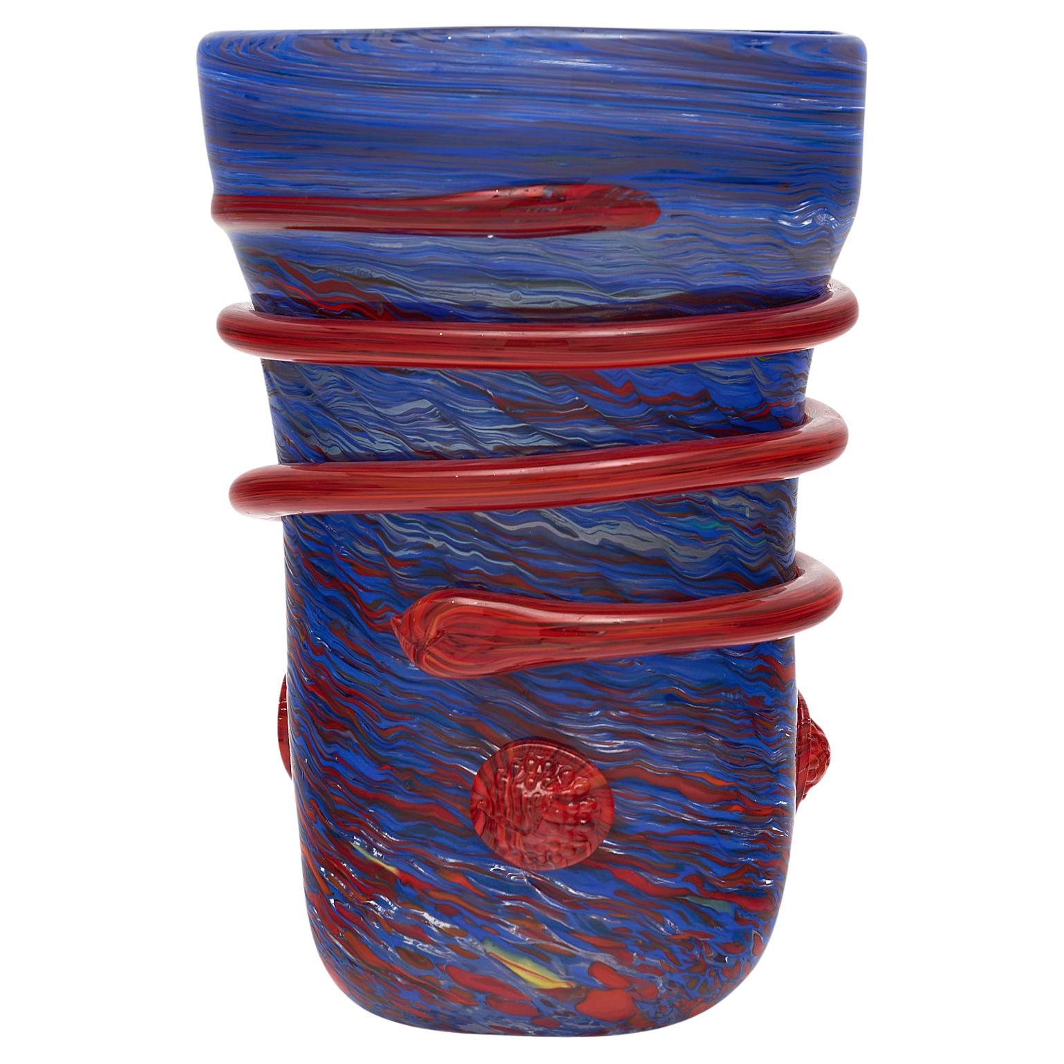 Murano Glass Blue and Red Vase For Sale