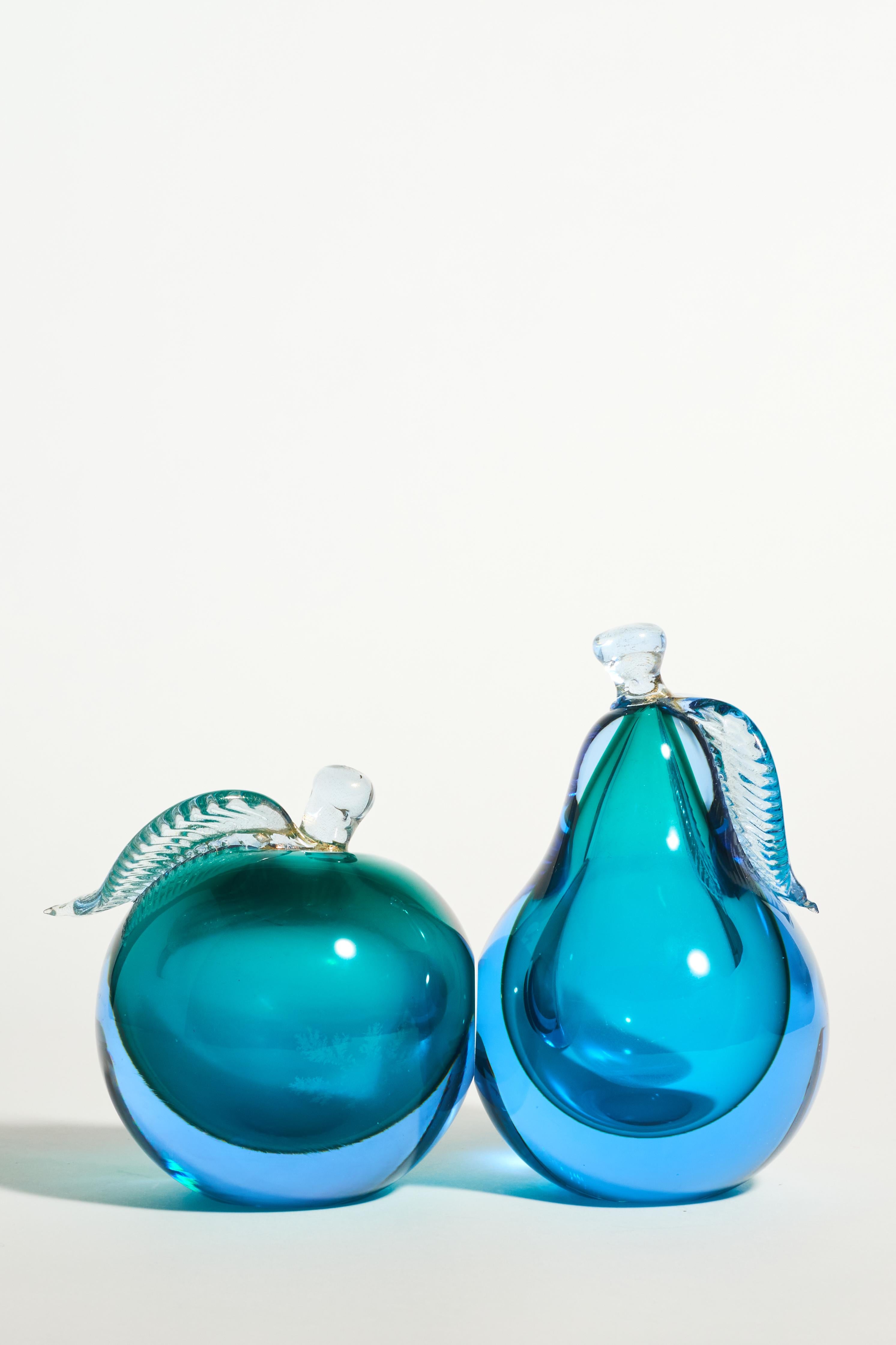 Blue Murano glass pear and apple bookends.