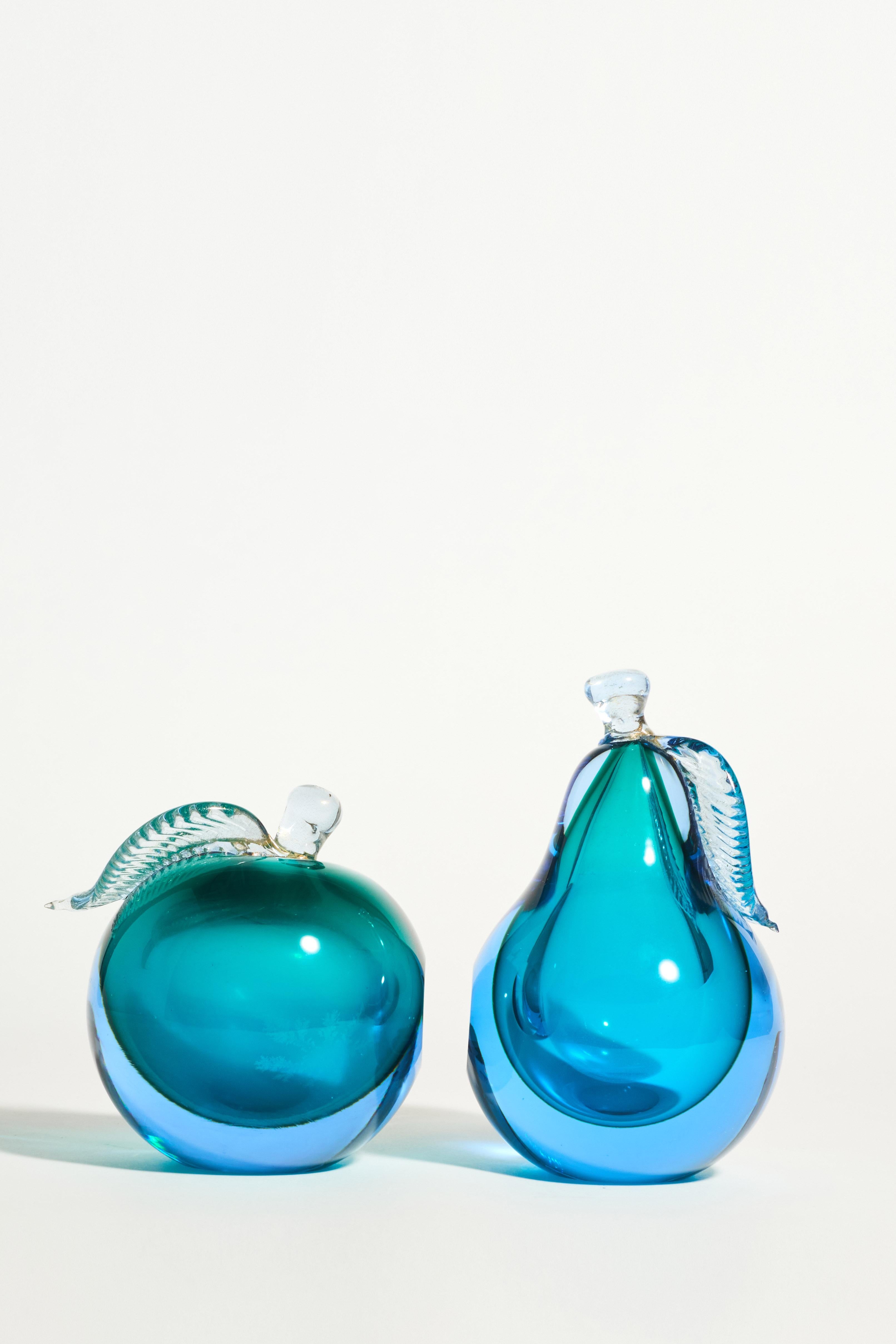 Italian Murano Glass Blue Apple and Pear Bookends