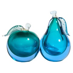 Murano Glass Blue Apple and Pear Bookends