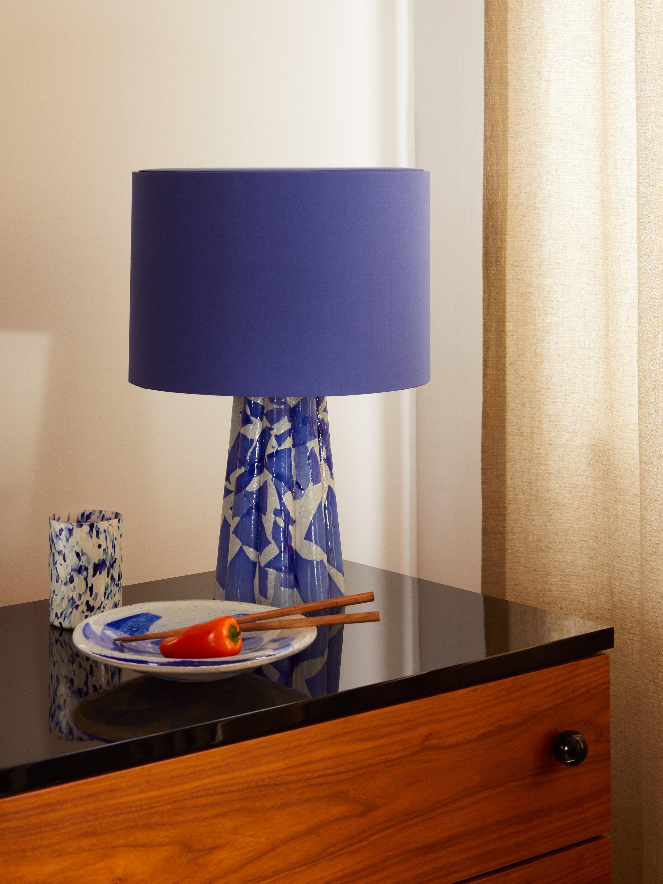 Murano Glass Blue Bucket Lamp with Cotton Lampshade by Stories of Italy In New Condition For Sale In Milano, IT