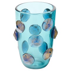 Vase mit blauem Medaillon aus Muranoglas