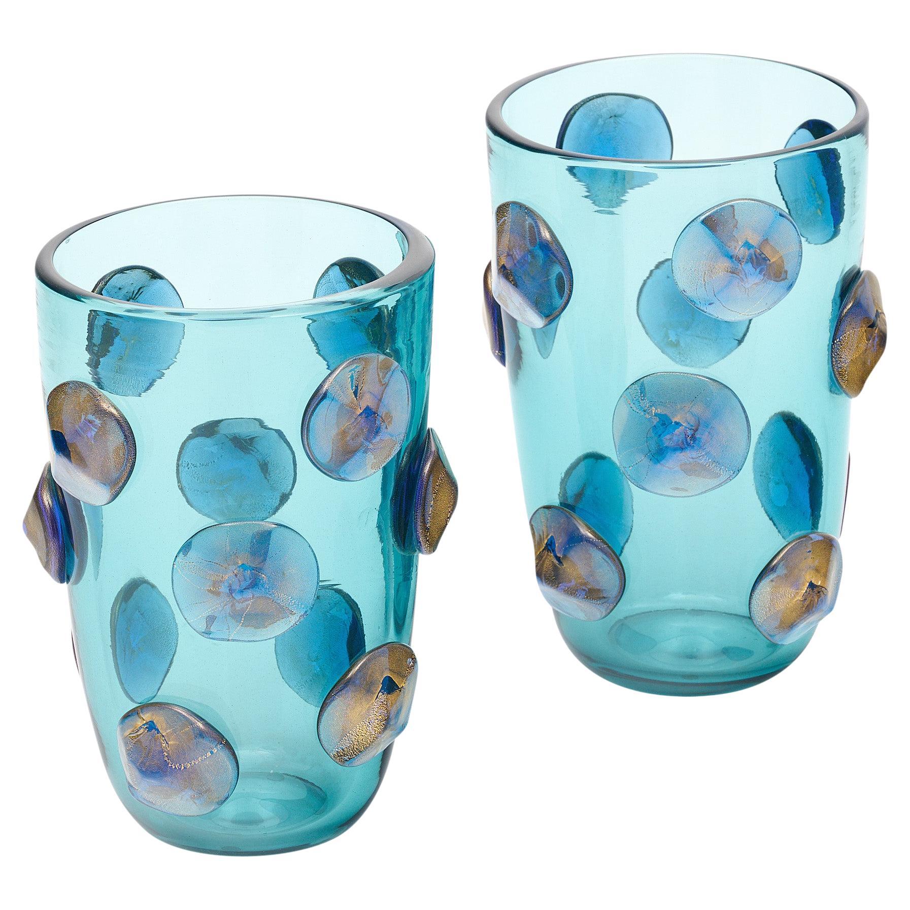 Murano Glass Blue Medallion Vases For Sale