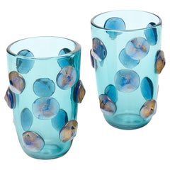 Blaue Medaillon-Vasen aus Murano-Glas
